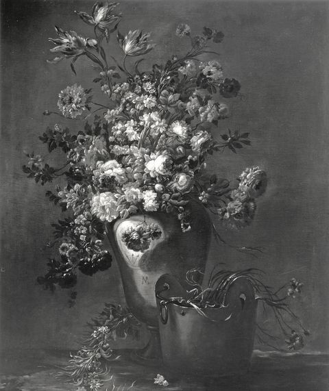 Anonimo — Mezzadri Antonio - sec. XVII - Natura morta con vaso di fiori e secchio — insieme